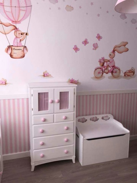 Chiffonnier enfant avec portes + rideaux et coffre à jouets Nuages